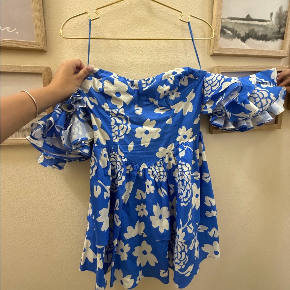 Blue Floral Off-Shoulder Mini Dress